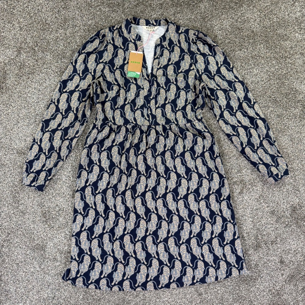 NEW Boden Navy Blue Tiger Print Tencel Modal Long Sleeve Pocket Dress Womens 8R